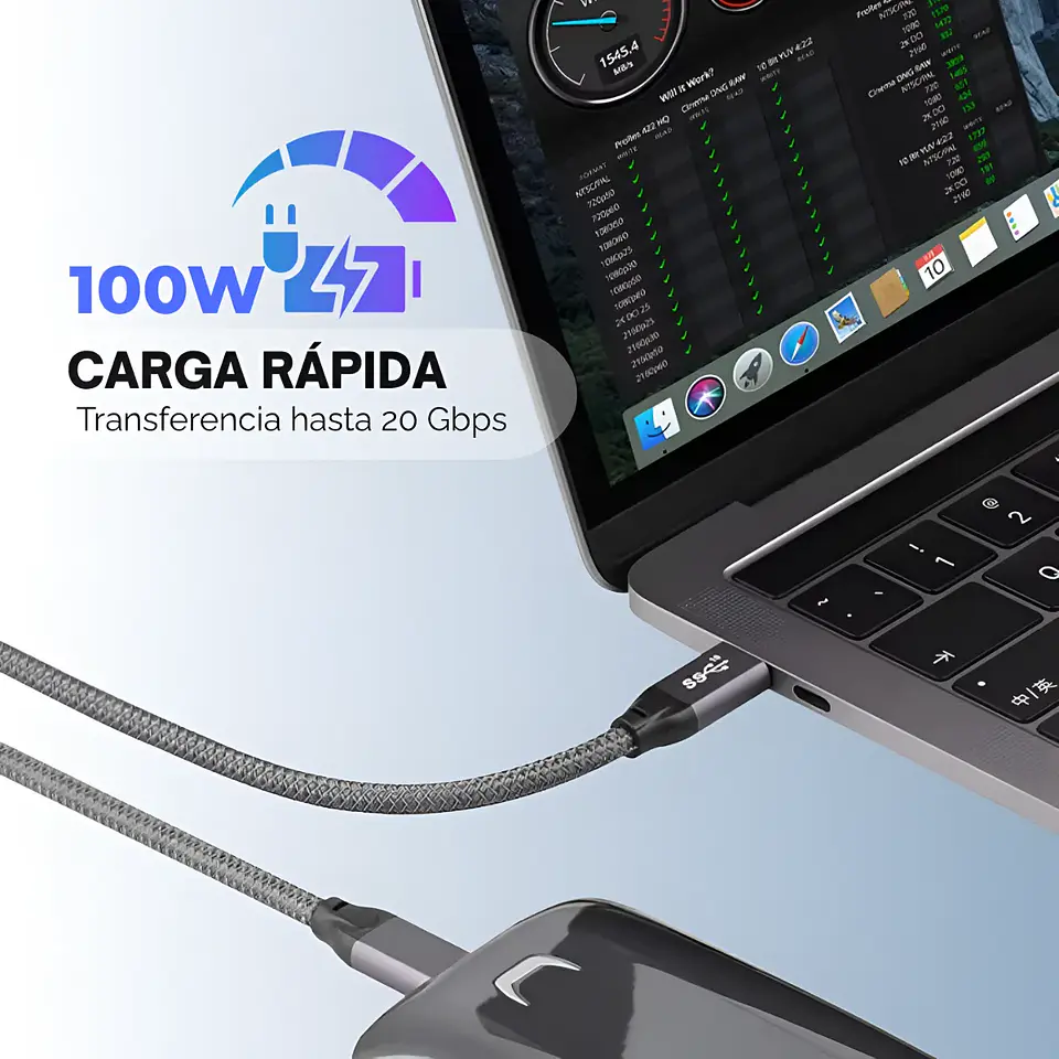Cable Carga Rápida USB-C a USB-C, 100W, 20Gbps, 4K, 1.2Mts 3