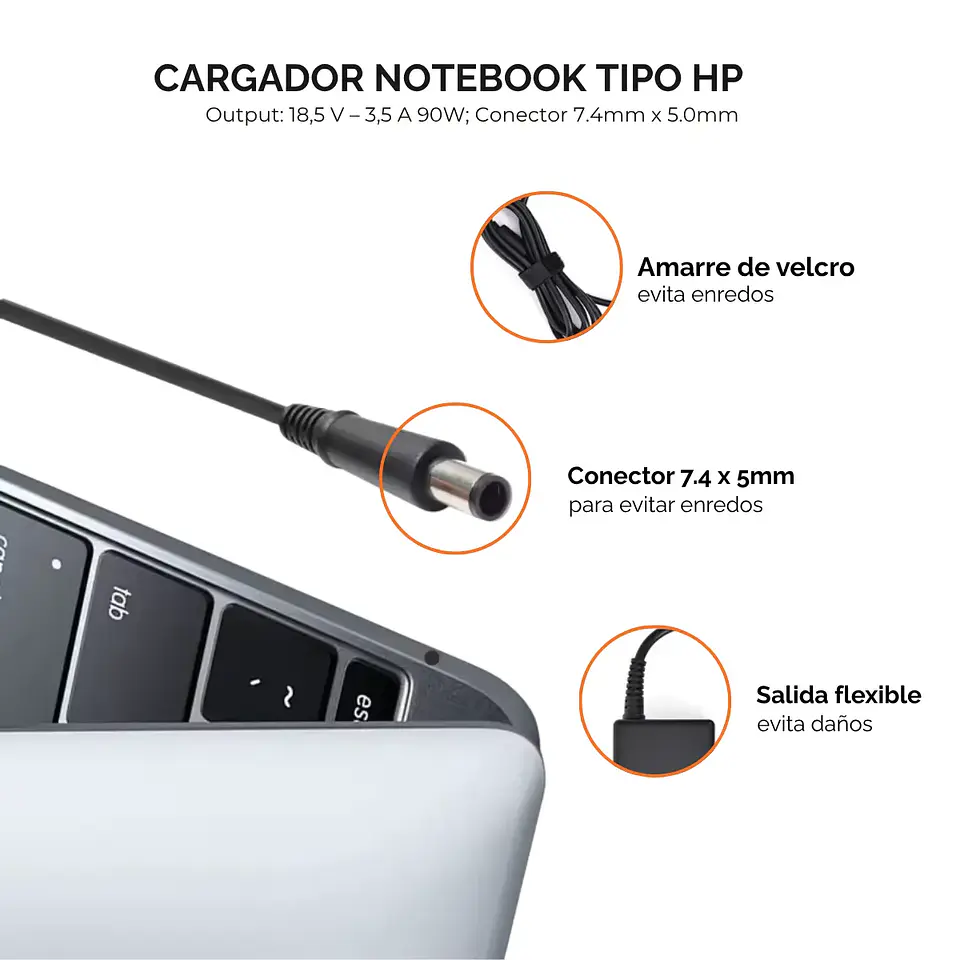 Cargador Notebook Compatible HP, 18.5V-3.5A 90W 7.4 x 5mm 2