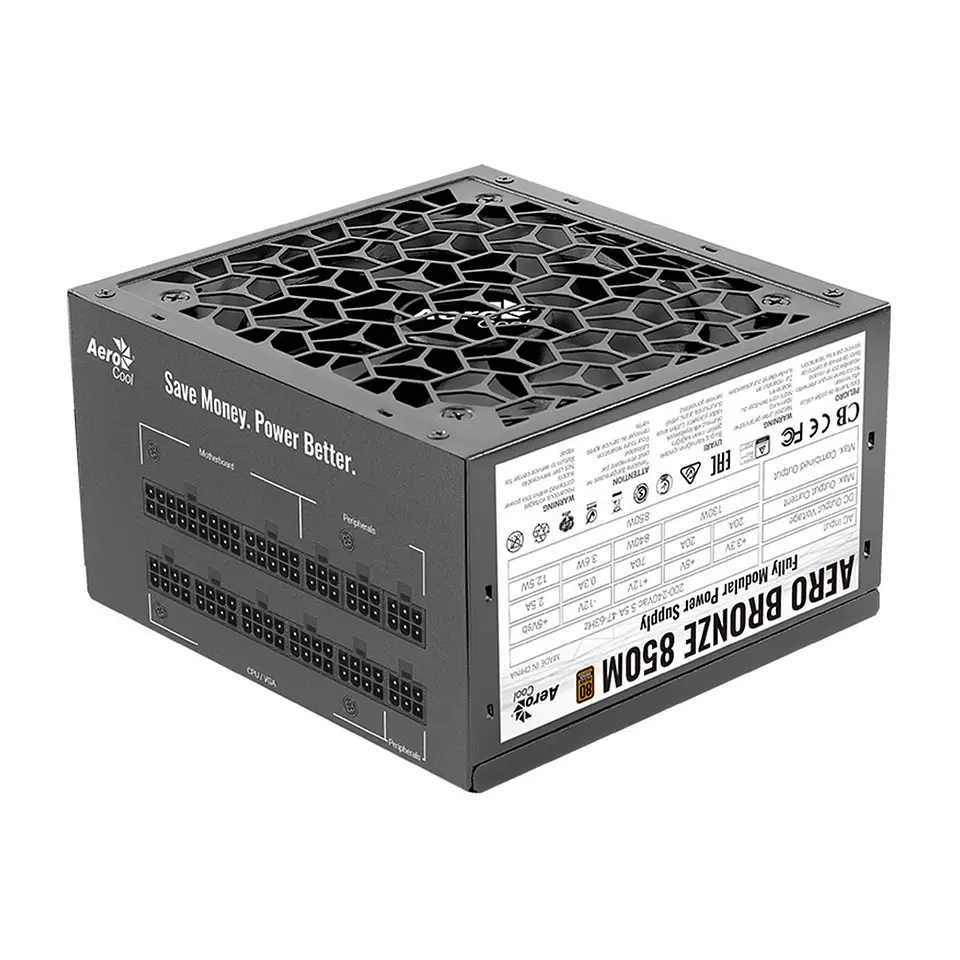 Fuente de Poder Aerocool 850W, Full Modular, Certificada 80+ Plus Bronze 3