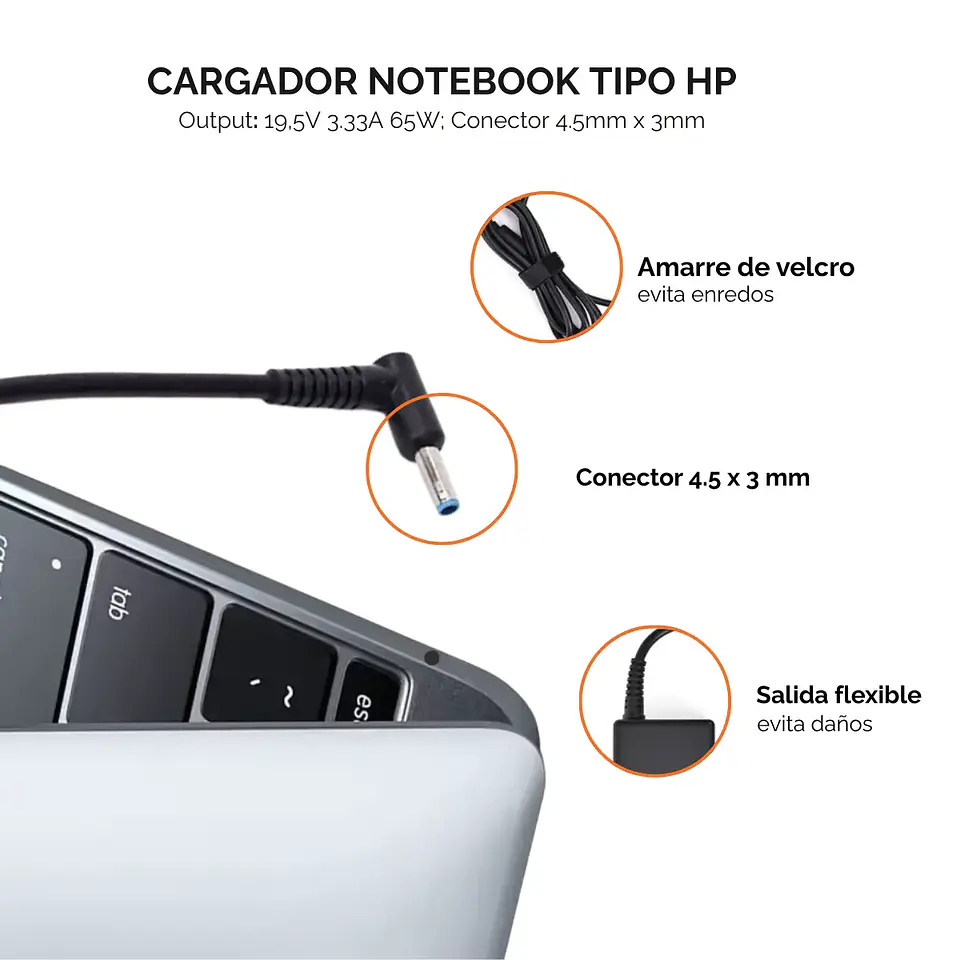Cargador de Notebook Compatible HP, 19.5V 3.33A 4,5 x 3,0mm 3