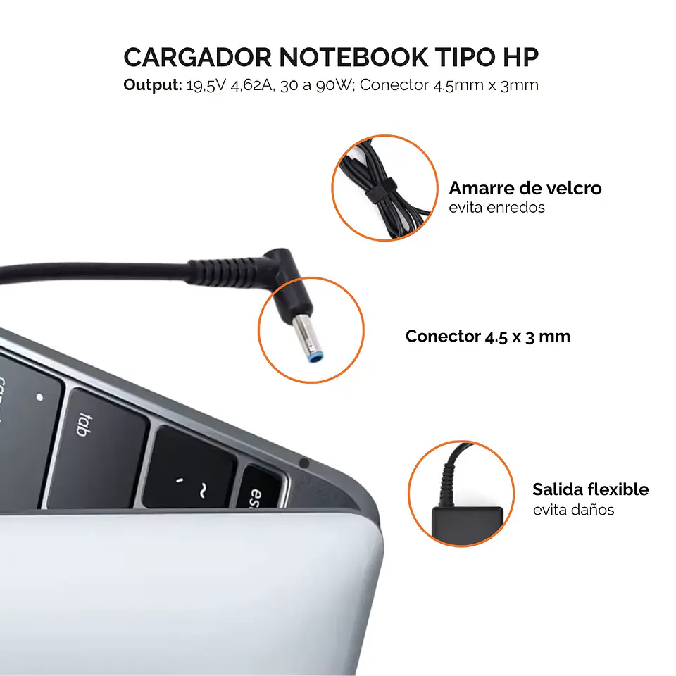 Cargador de Notebook Compatible HP, 19.5V 4.62A, Hasta 90W, Pin 4.5 x 3mm 3