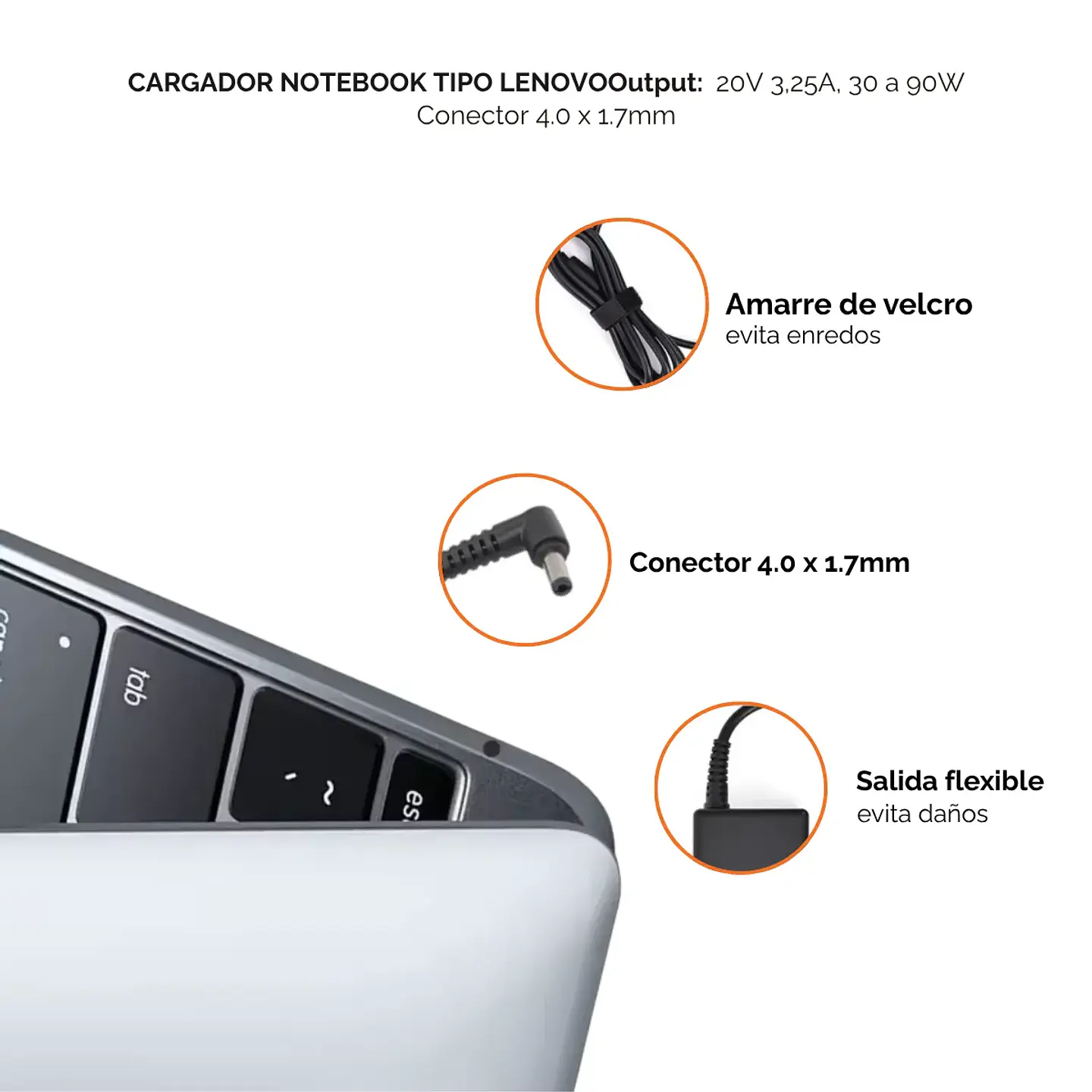 Cargador Notebook Compatible LENOVO 20V 3,25A, hasta 90W, 4 x 1.7mm 2