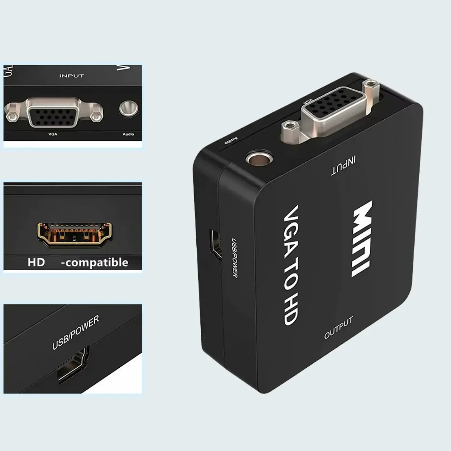 Adaptador VGA + Audio 3.5mm a HDMI HD, alimentación USB 60Hz 3
