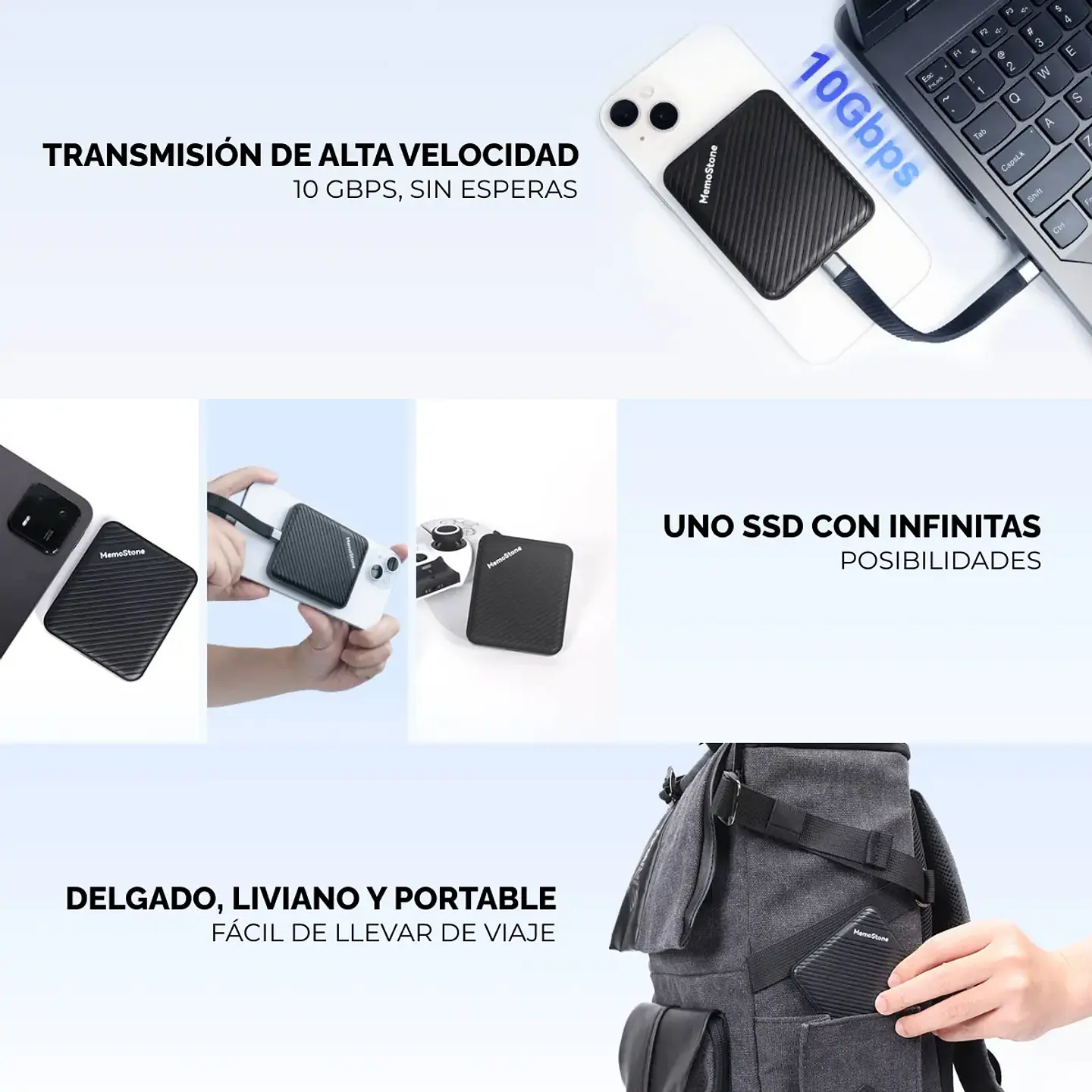 Disco SSD Portátil KingSpec Memo Stone z1 2TB USB-C  10Gbps 5