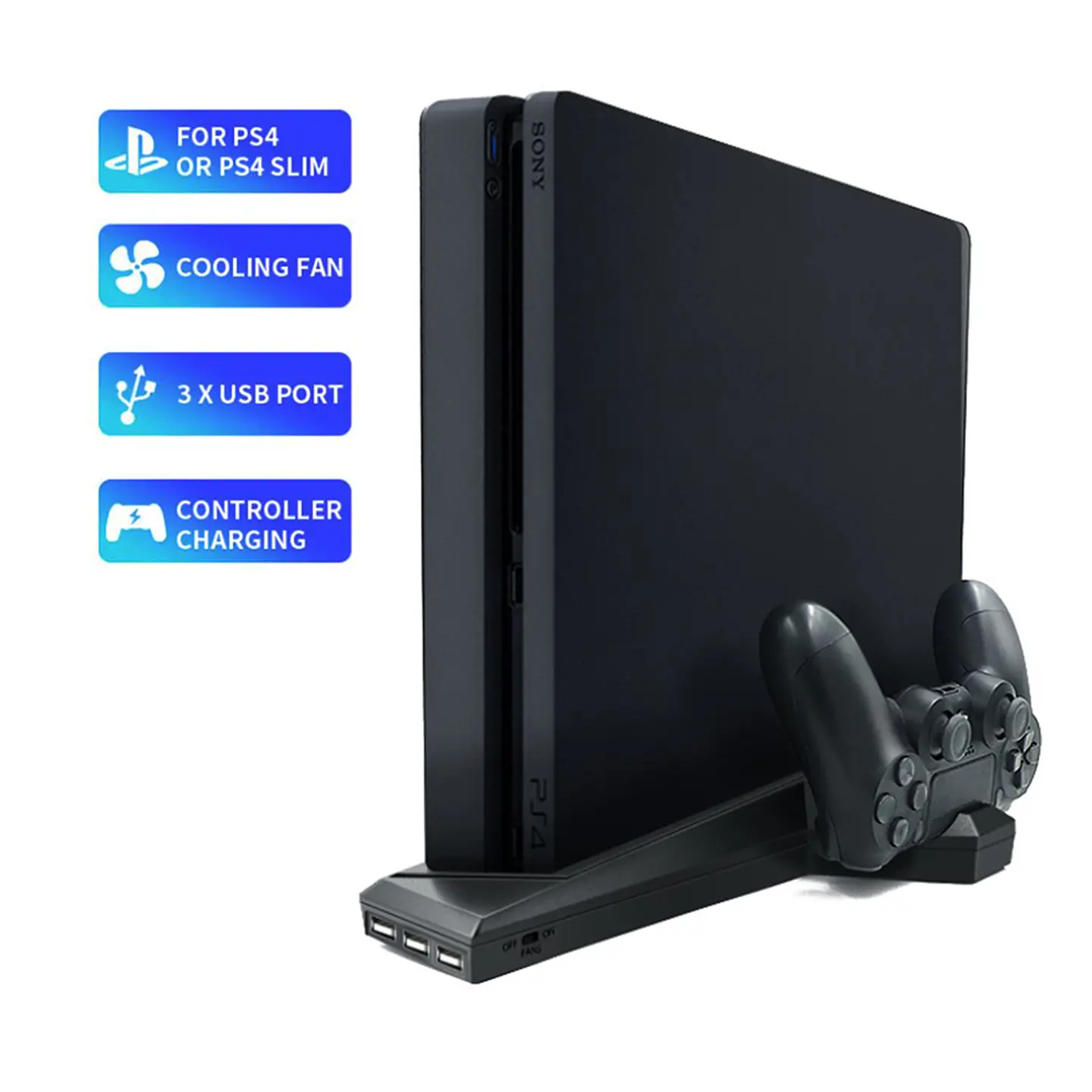 Soporte Base Ps4 y Ps4 Slim para 2 Dualshock Con Ventilador + 3 Puertos USB 1