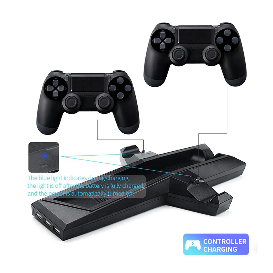 Soporte Base Ps4 y Ps4 Slim para 2 Dualshock Con Ventilador + 3 Puertos USB 2