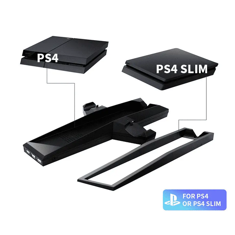 Soporte Base Ps4 y Ps4 Slim para 2 Dualshock Con Ventilador + 3 Puertos USB 3