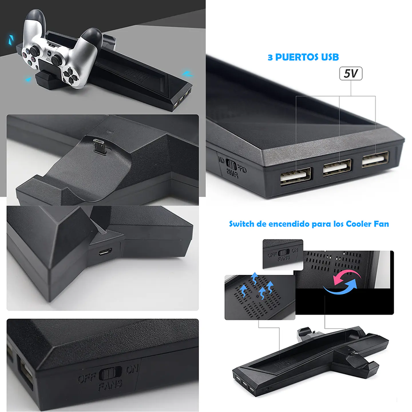 Soporte Base Ps4 y Ps4 Slim para 2 Dualshock Con Ventilador + 3 Puertos USB 4