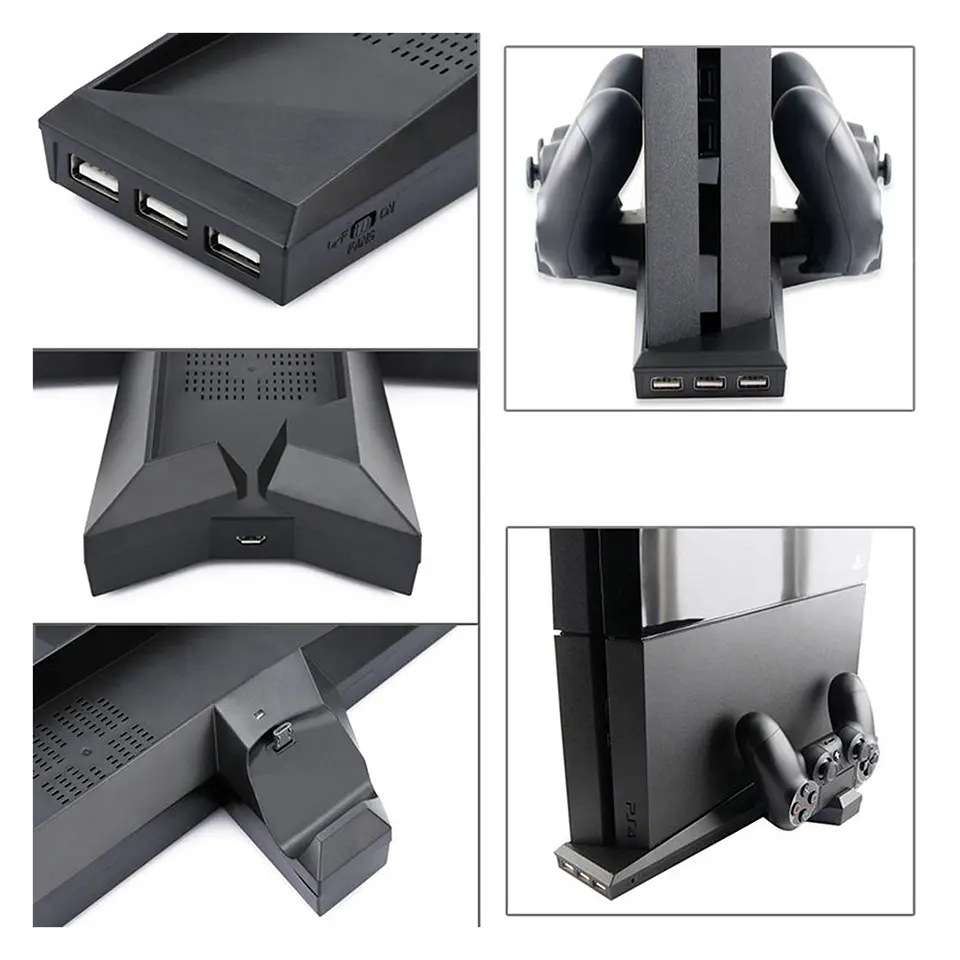 Soporte Base Ps4 y Ps4 Slim para 2 Dualshock Con Ventilador + 3 Puertos USB 5