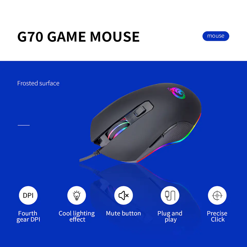 Mouse Gamer Wind G70, 6 Botones, 3.600dpi, 7 colores RGB 3