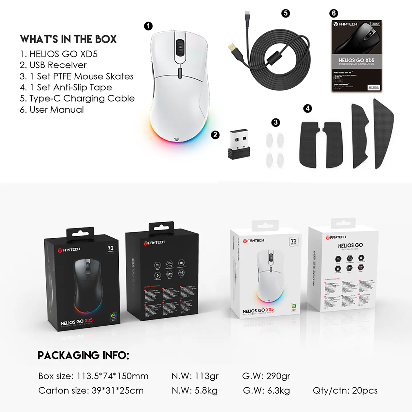 Mouse Inalámbrico Wireless Fantech Helios XD5 RGB 72gr White 5