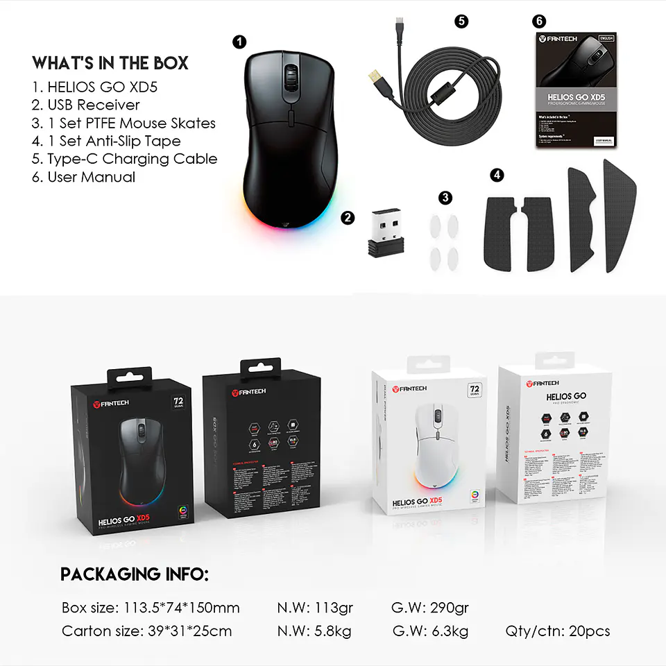 Mouse Inalámbrico Wireless Fantech Helios XD5 RGB 72gr Black 5