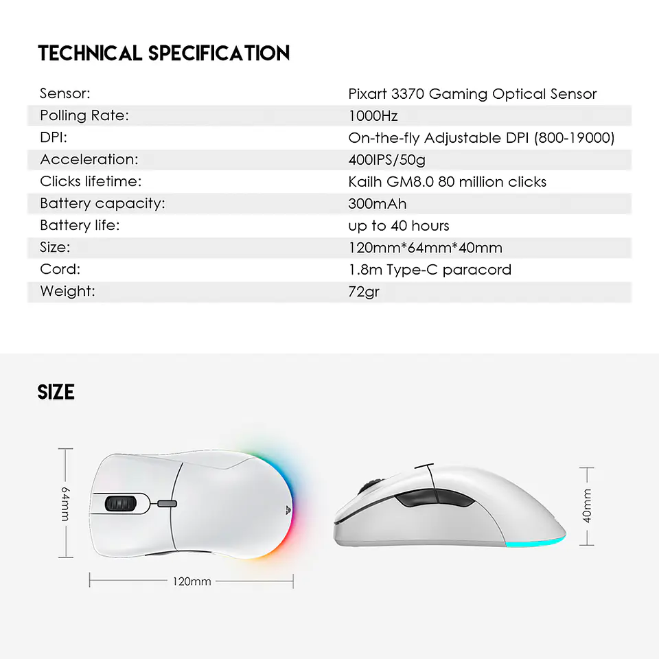 Mouse Inalámbrico Wireless Fantech Helios XD5 RGB 72gr White 8