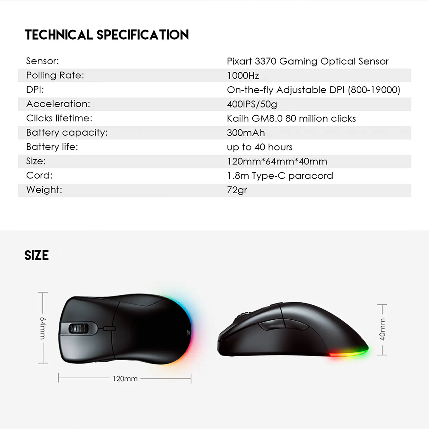 Mouse Inalámbrico Wireless Fantech Helios XD5 RGB 72gr Black 8
