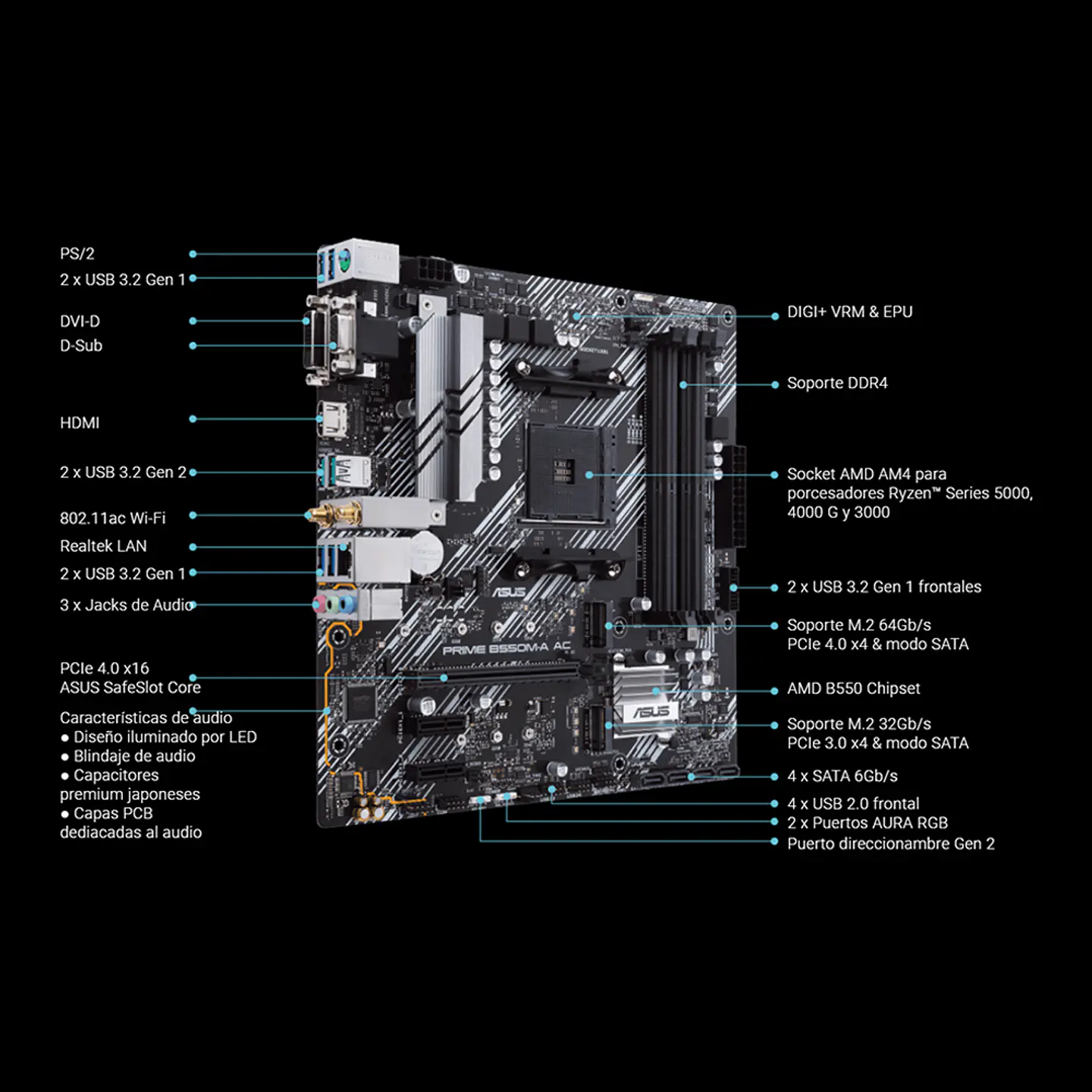 Placa Madre Asus Prime B550M-A AC, Socket AM4, DDR4 2133/4600MHz, Ryzen 8