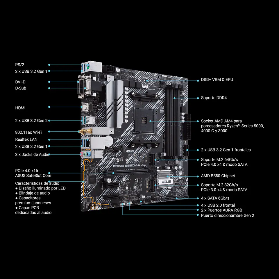Placa Madre Asus Prime B550M-A AC, Socket AM4, DDR4 2133/4600MHz, Ryzen 8