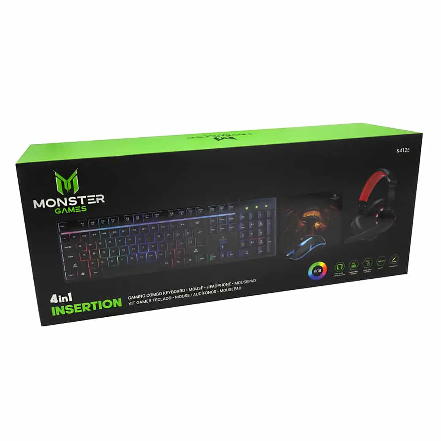 Kit 4 en 1 Monster Games Insertion K4125: Teclado + Audífonos + Mouse + Mousepad 4