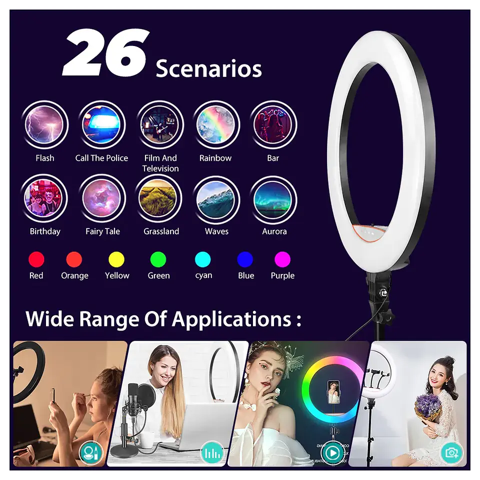 Aro Luz Led Multicolor Luz RGB, 45cm, incluye control, trípode y soportes 6