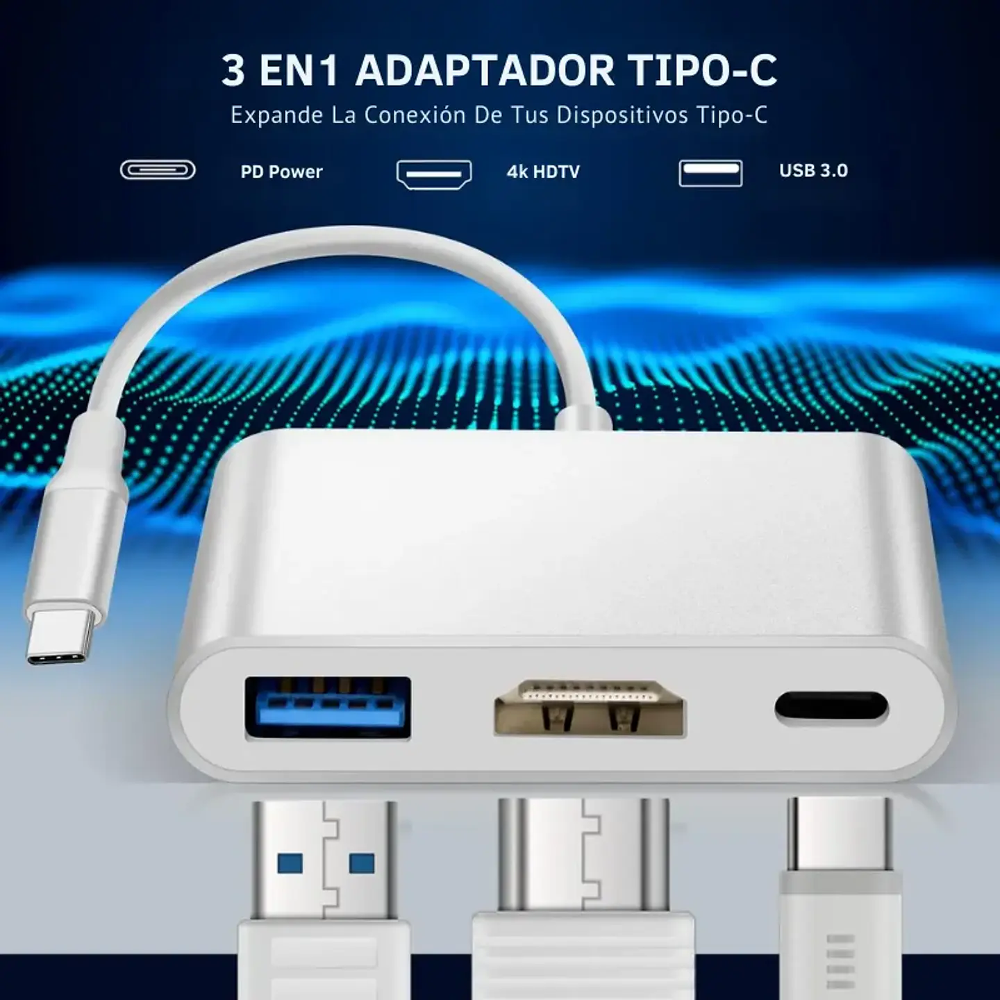 Hub Adaptador Vanto 3 en 1 Tipo C a Usb 3.0, Hdmi 4k , Carga PD 2
