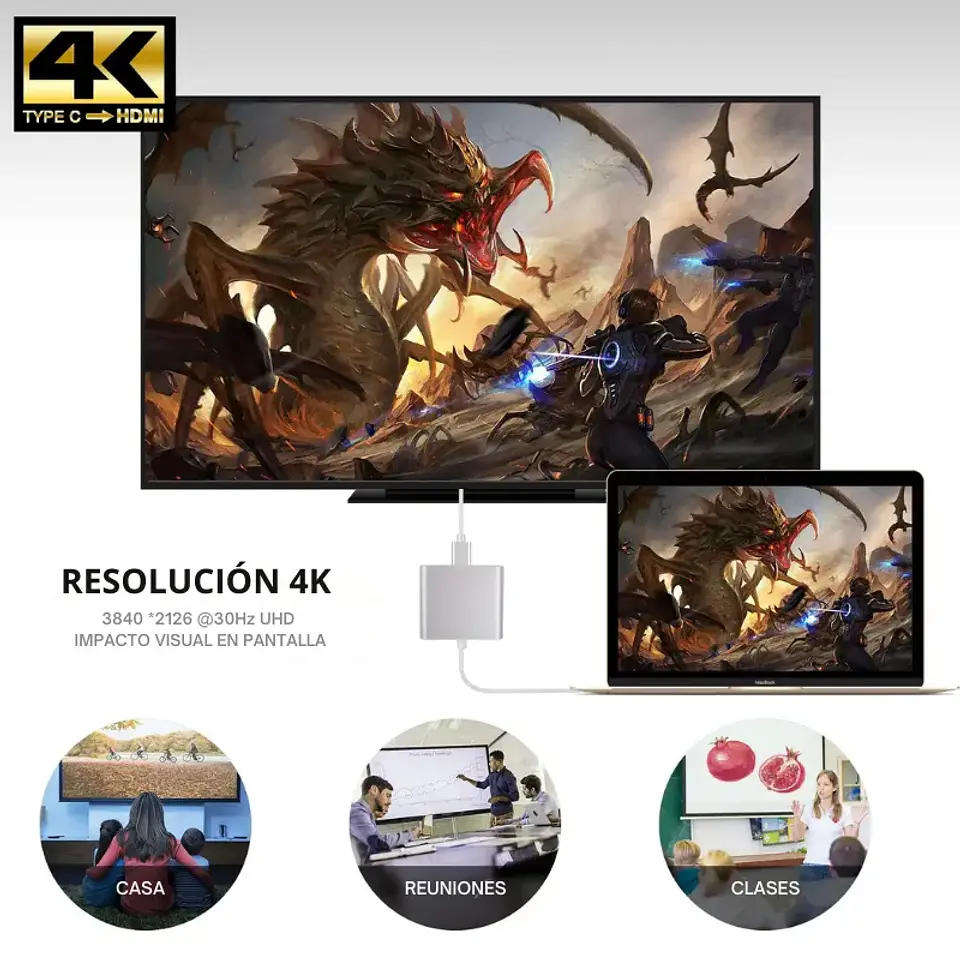 Hub Adaptador Vanto 3 en 1 Tipo C a Usb 3.0, Hdmi 4k , Carga PD 6