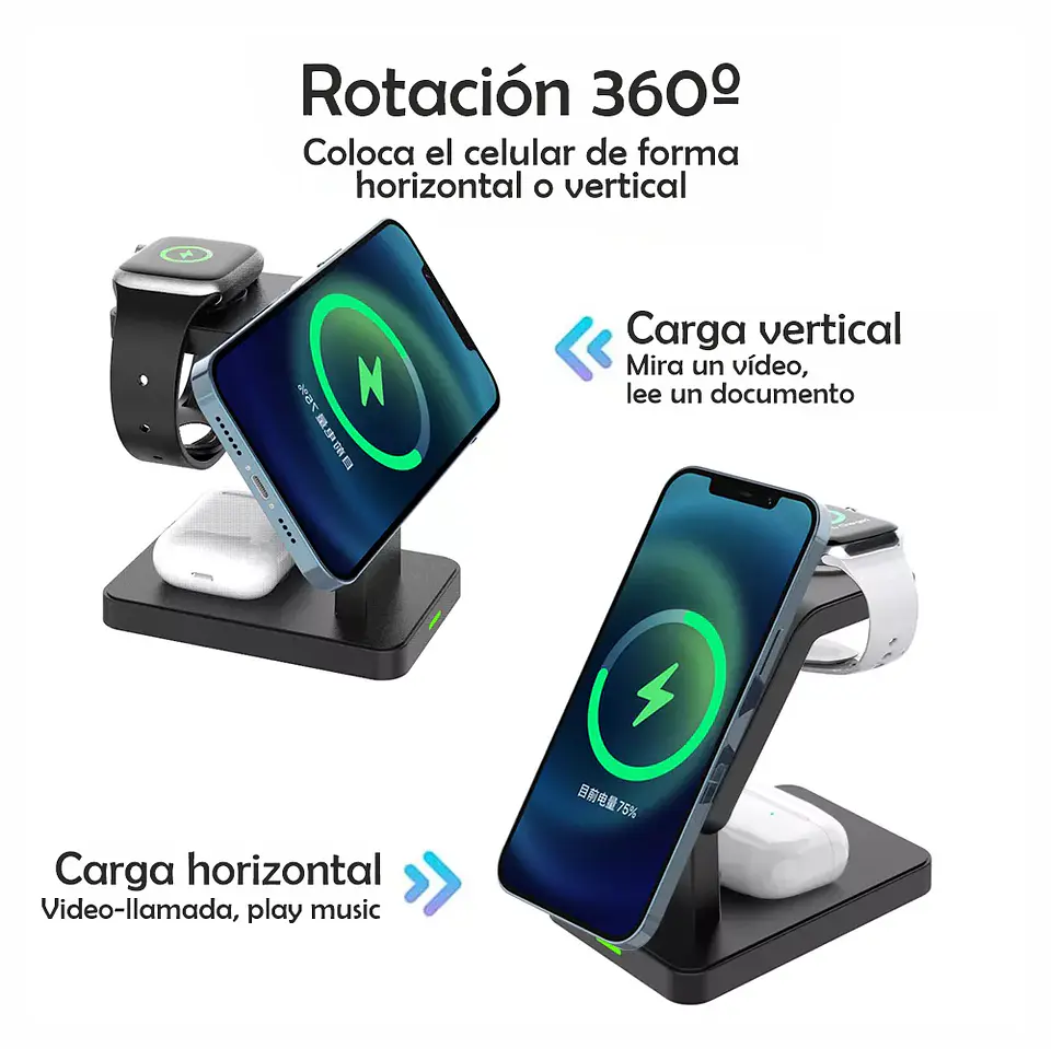 Estación Carga Rápida Para 3 En 1 iPhone, Apple Watch, AirPods con Magsafe 4