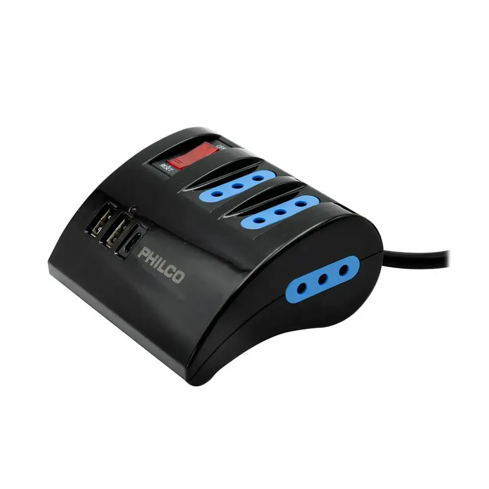 Alargador Philco 2043N  3 Tomas + 3 Puertos USB, 2Mts, Negro 3