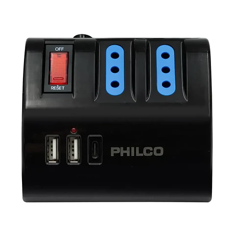 Alargador Philco 2043N  3 Tomas + 3 Puertos USB, 2Mts, Negro