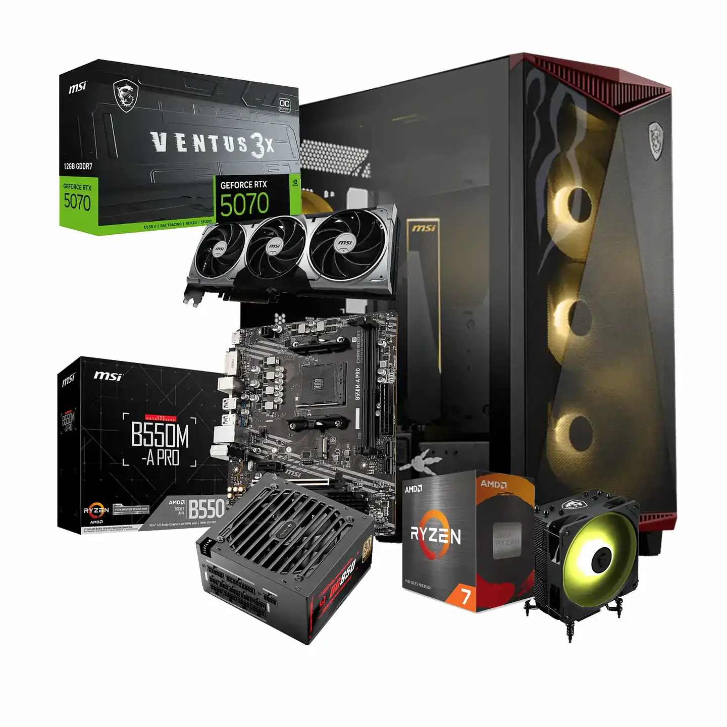 Kit MSI Ensamble Elite: Ryzen 7 5700X + RTX 5070 12G + B550 + 850W Gold + Gungnir 300 1