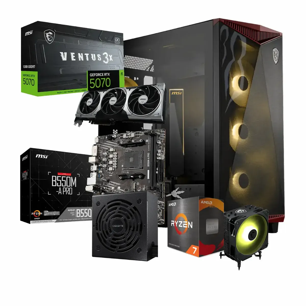 Kit MSI Ensamble Elite: Ryzen 7 5700X + RTX 5070 12G + B550 + 750W Bronce + Gungnir 300