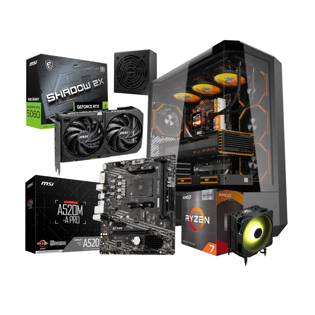 Kit Ensamble: Ryzen 7 5700X + RTX 5060 8G + A520 + 750W + DY460 ATX