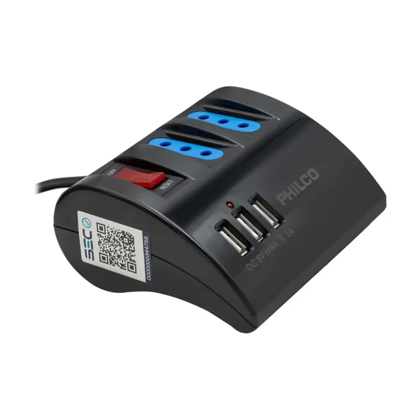 Alargador Philco 2043N  3 Tomas + 3 Puertos USB, 2Mts, Negro 1