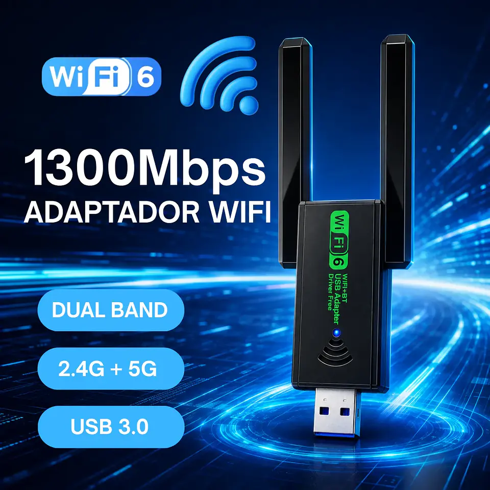  Adaptador Antena USB WiFi Doble Banda 1300Mbps + BT 5.3 3