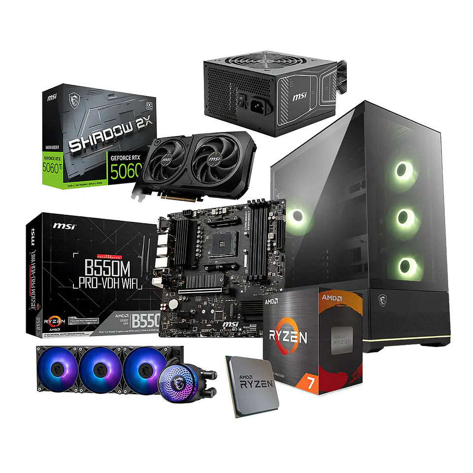 Kit MSI Ensamble Elite: Ryzen 7 5700X + RTX 5060TI 16G + B550 + 850W + Case ATX 1