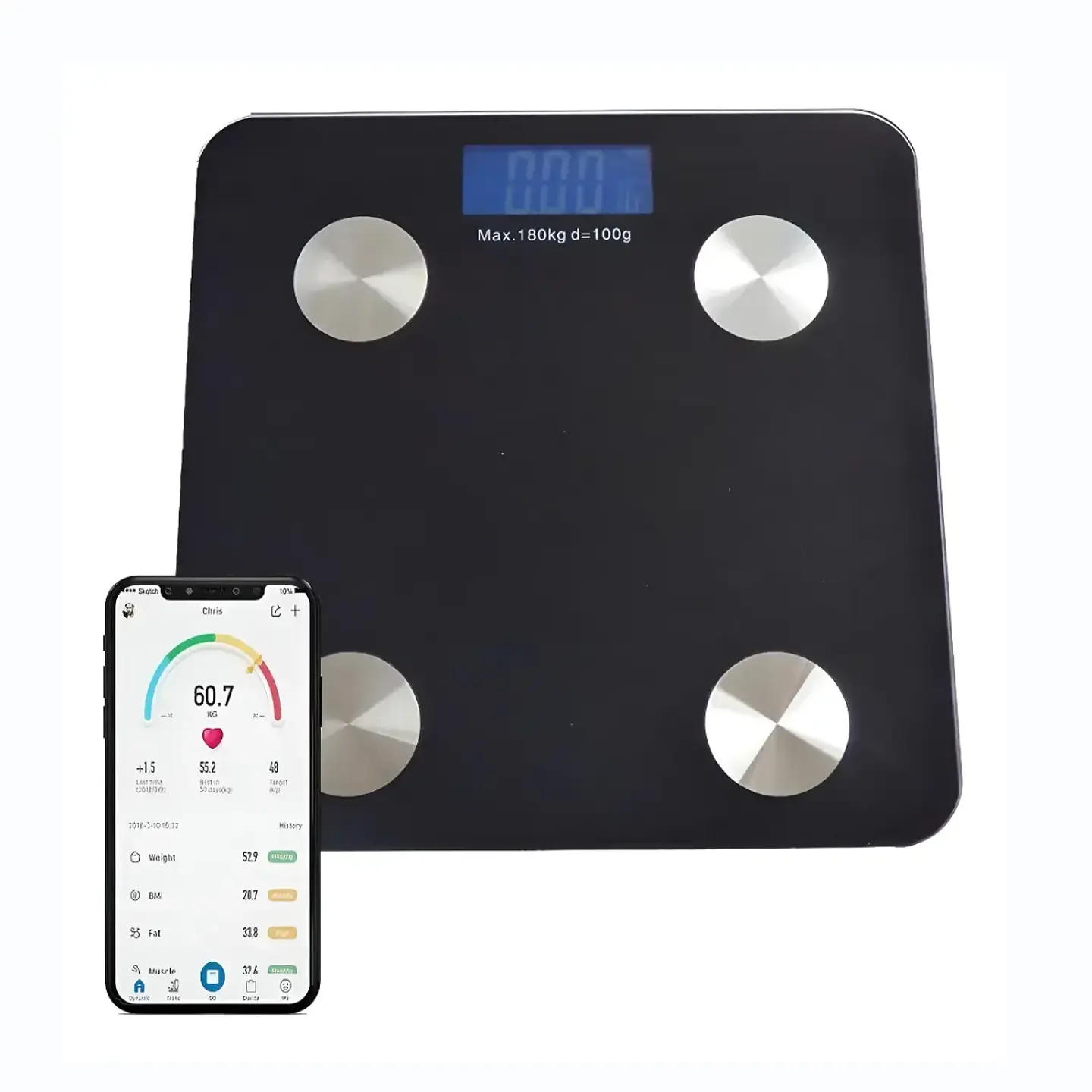 Balanza Pesa Digital Baño Bluetooth Vidrio Templado hasta 180kg Negra 1