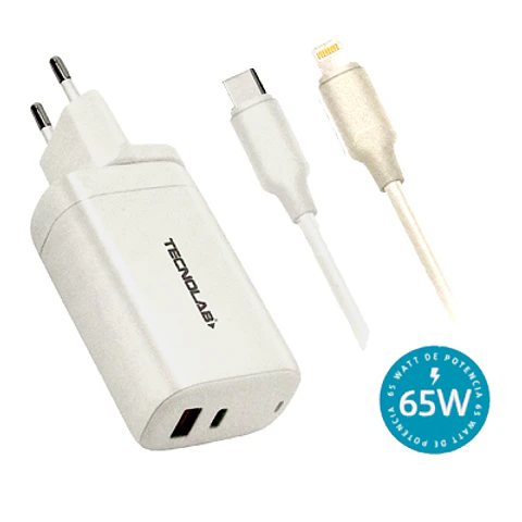 CARGADOR RÁPIDO USB TL485 – 1 PUERTO USB 3.0 Y 1 TIPO-C - CABLE LIGHTNING INCLUIDO