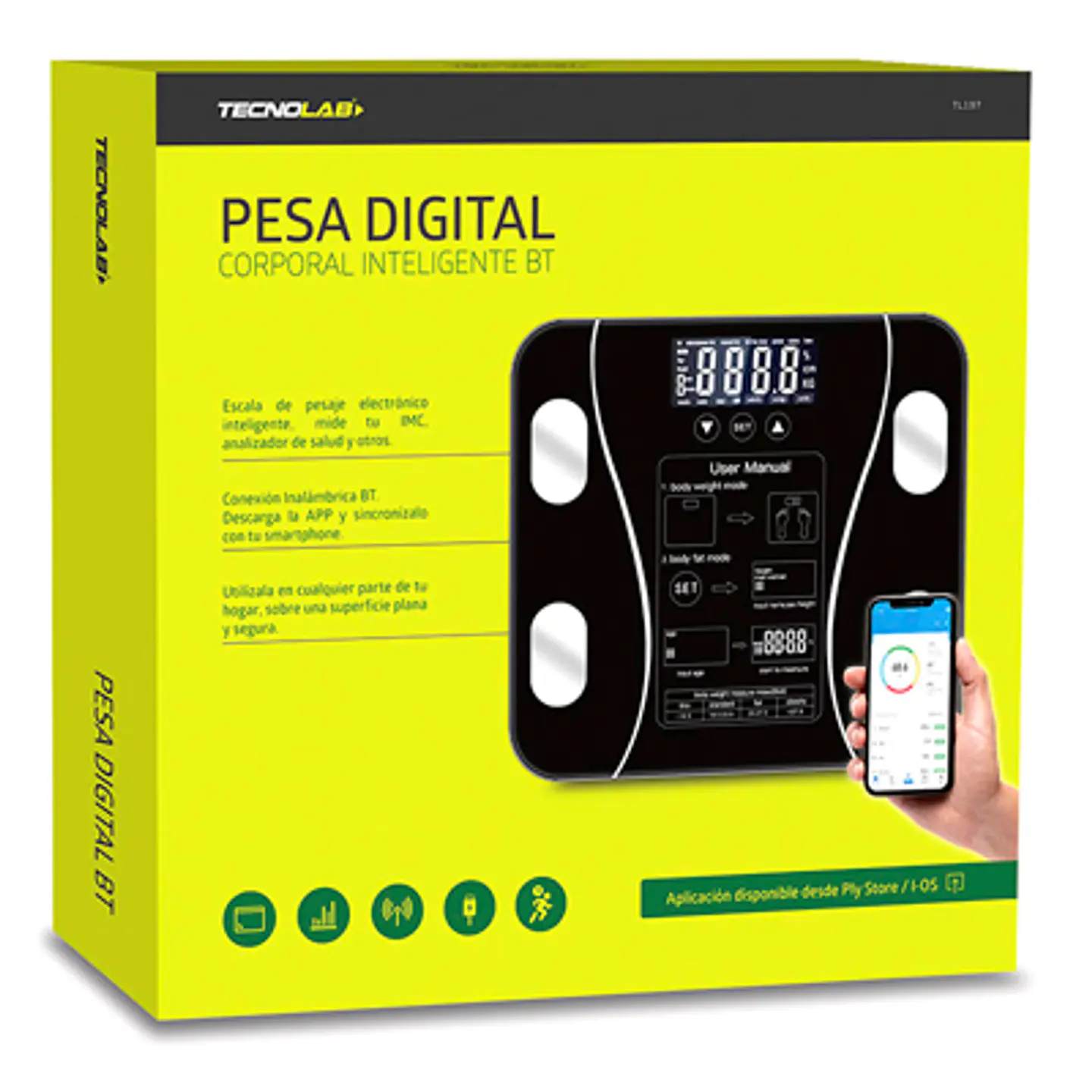 PESA DIGITAL BT TECNOLAB TL326 – IMC, BLUETOOTH, 180KG, VIDRIO NEGRO 2