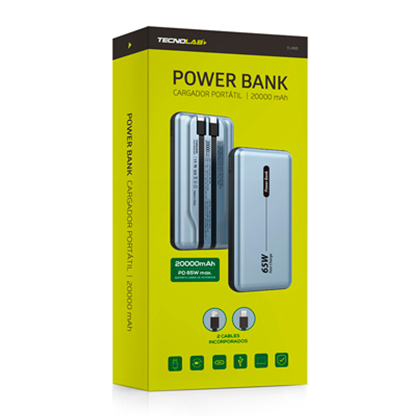 POWERBANK TECNOLAB 20000 MAH 65W – 2 CABLES INCORP, 4 SALIDAS 2