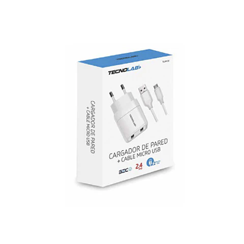 CARGADOR CELULAR 2.4A DOBLE USB CON CABLE MICRO USB WHITE