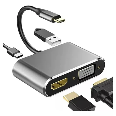 HUB TIPO-C 4 EN 1: HDMI, VGA, USB, PD, CALIDAD PREMIUM