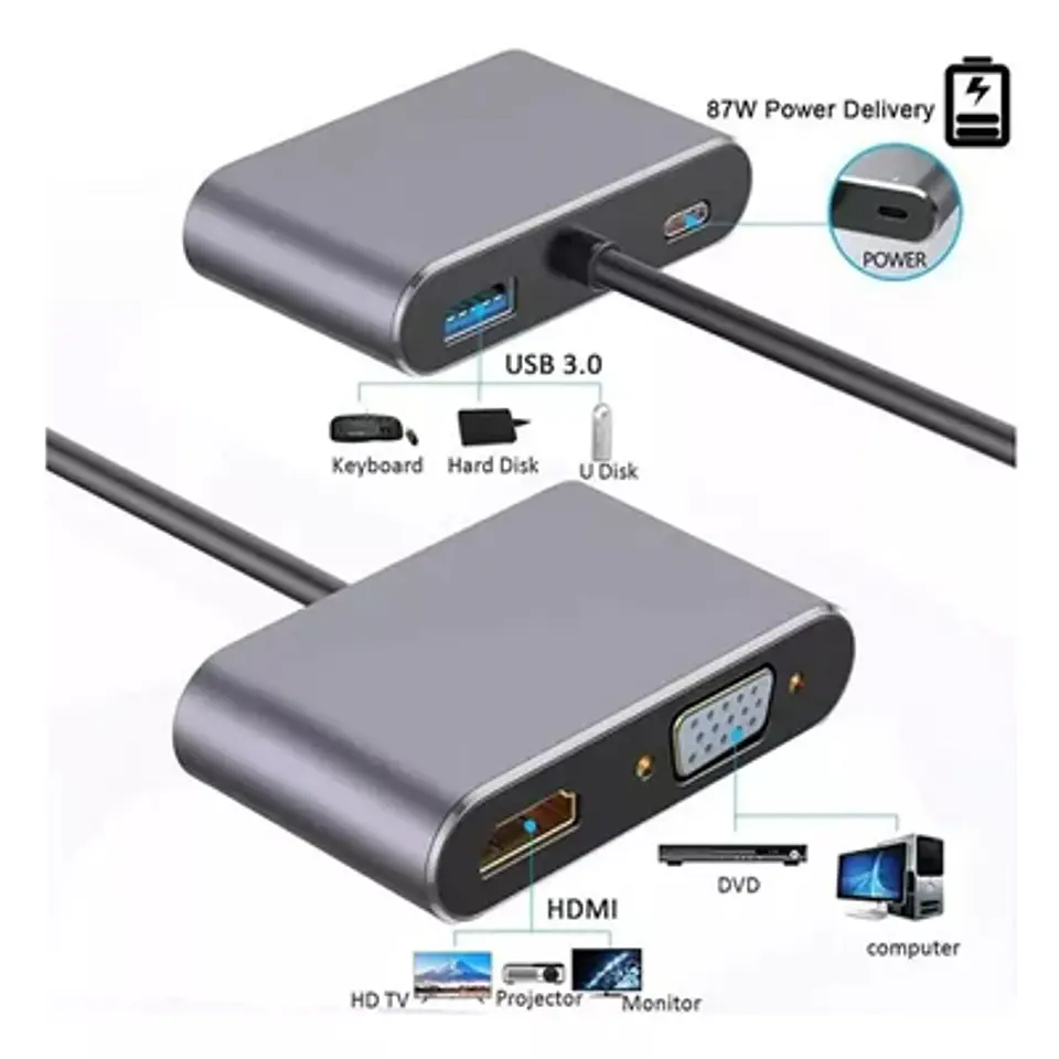 HUB TIPO-C 4 EN 1: HDMI, VGA, USB, PD, CALIDAD PREMIUM 2