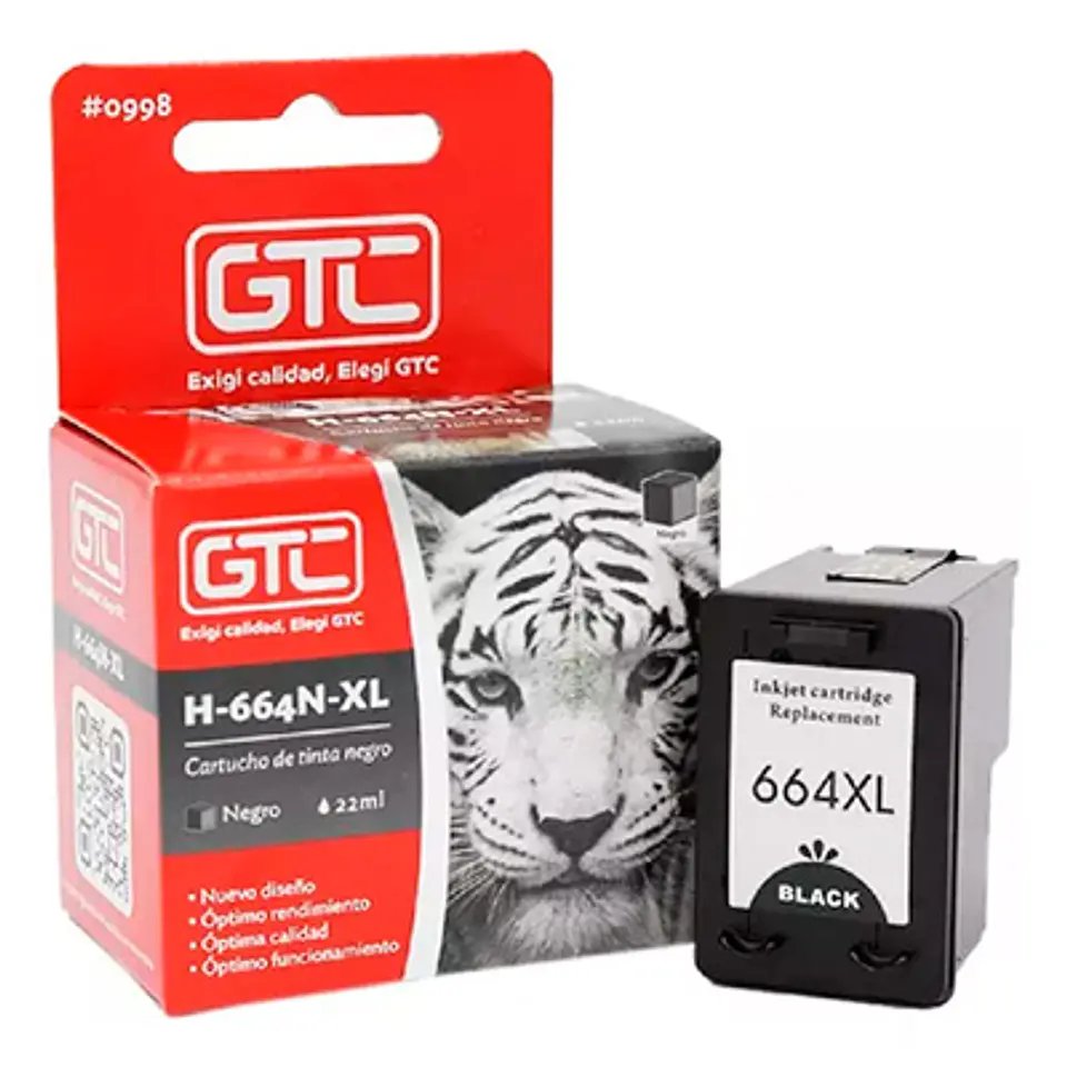 TINTA GTC COMPATIBLE CON HP 664 XL NEGRO 22ML 700 COPIAS 2