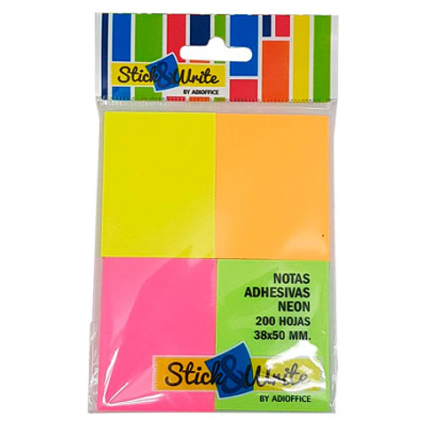 NOTAS ADHESIVAS STICK & WRITE NEÓN 38X51MM | PACK 4X50 HOJAS