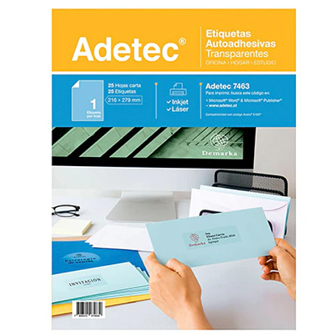 25 ETIQUETAS TRANSPARENTES ADETEC 216×279 MM INKJET/LÁSER