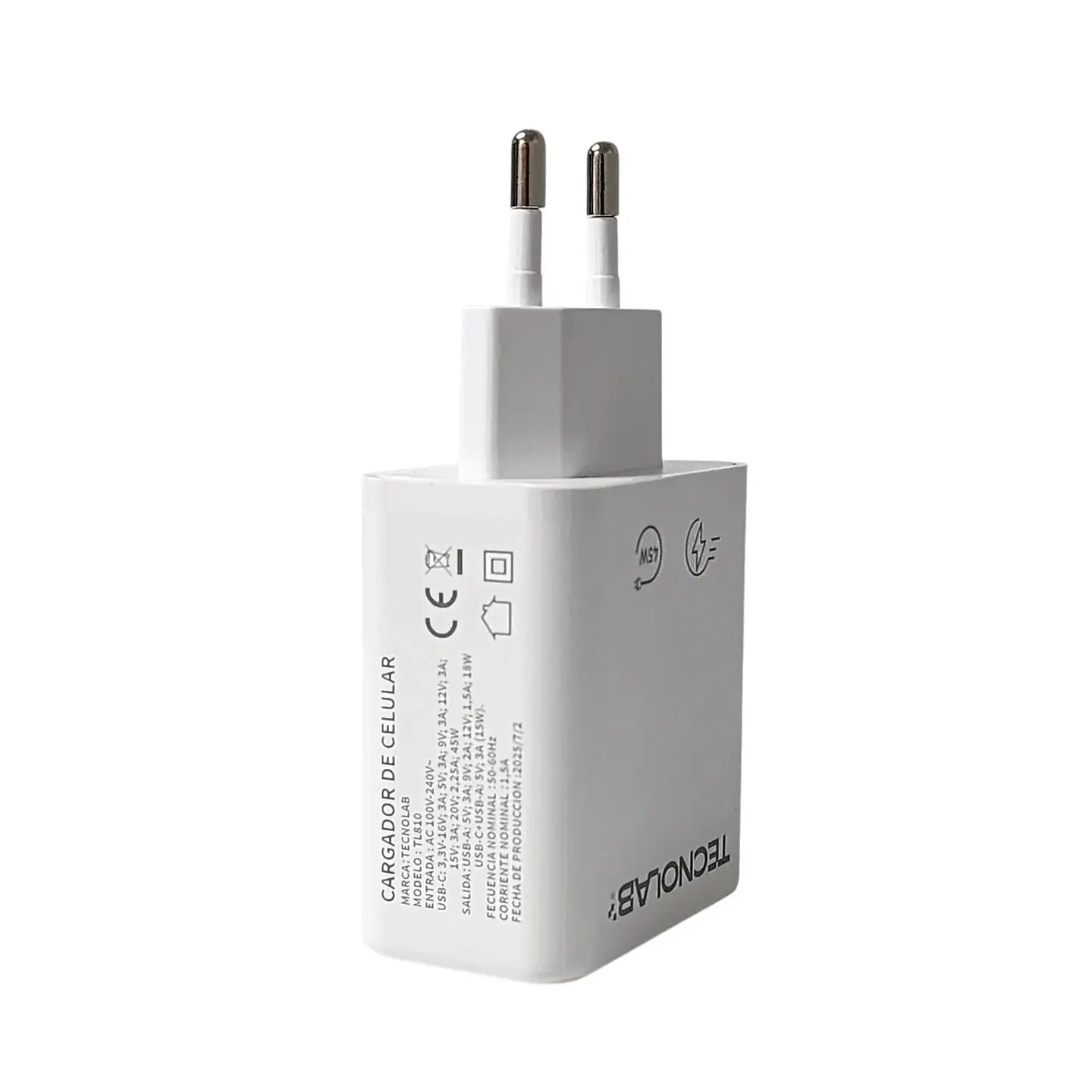 Cargador TecnoLab TL810 45W USB-C PD + USB-A QC 3.0 Blanco 3