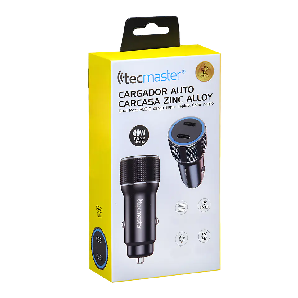 Cargador para Auto Tecmaster TM-200542 40W PD 3.0 Doble USB-C Negro 1