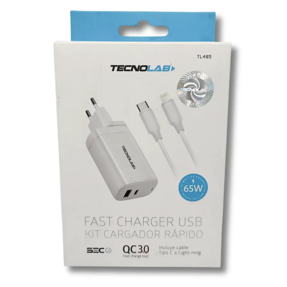 Cargador Rápido Tecnolab TL485 65W USB-A + USB-C con Cable Lightning 2