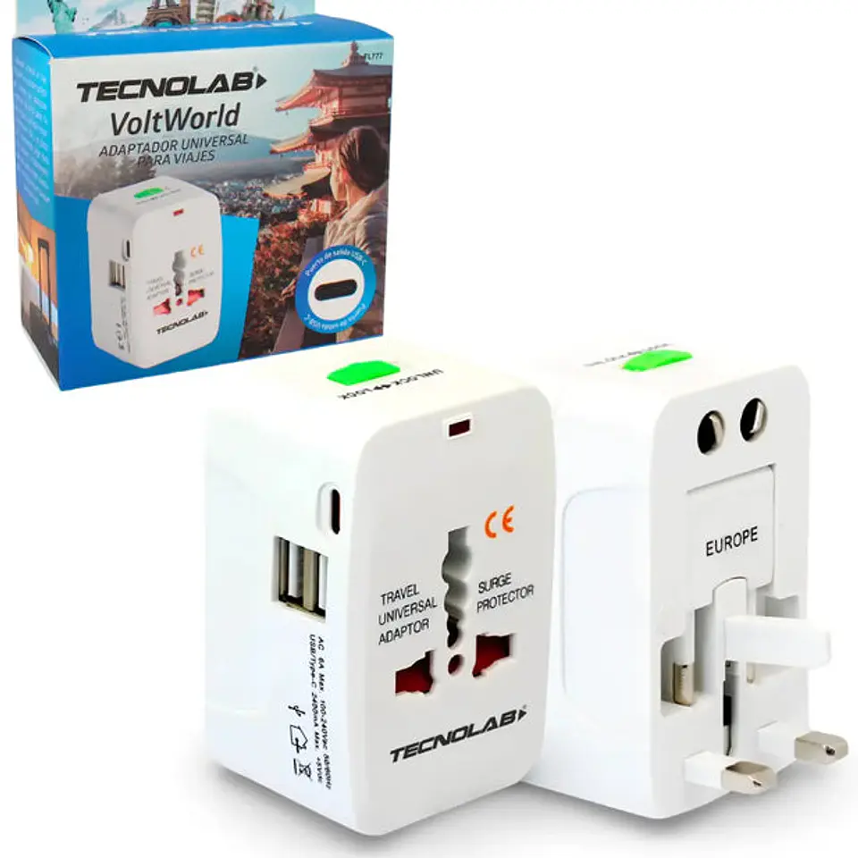 Adaptador Universal de Viaje Tecnolab VoltWorld TL777 USB-A y USB-C Blanco 1