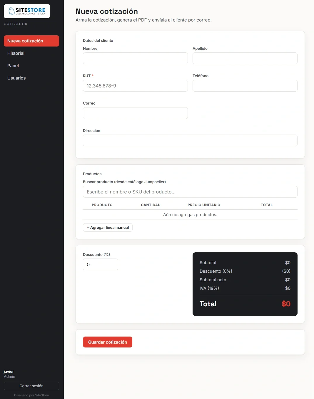 Cotizador Jumpseller - Nueva Cotización SiteStore.cl