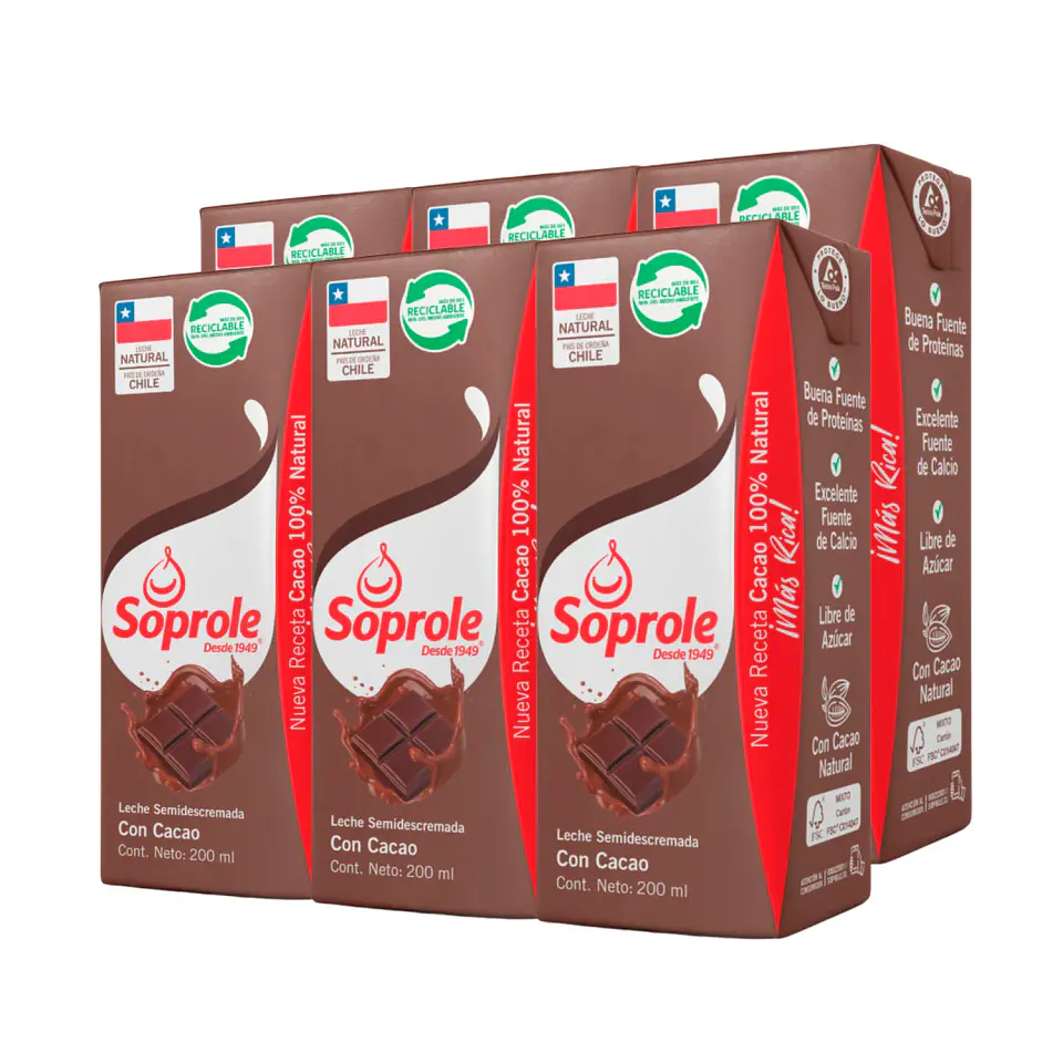 Pack Leche Chocolate Soprole Tradicional 6x200ml. 1