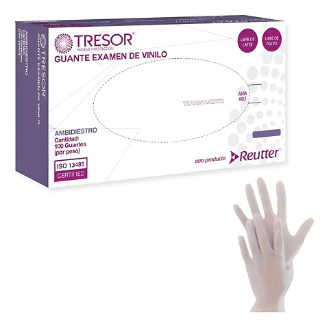 GUANTE EXAMEN VINILO LIBRE DE POLVO TRESOR CAJA X 100 UNIDADES